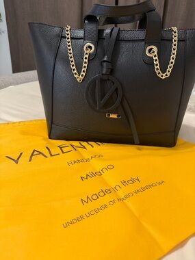 Valentino Black Pebbled Leather Tote with Gold Chain Hardware